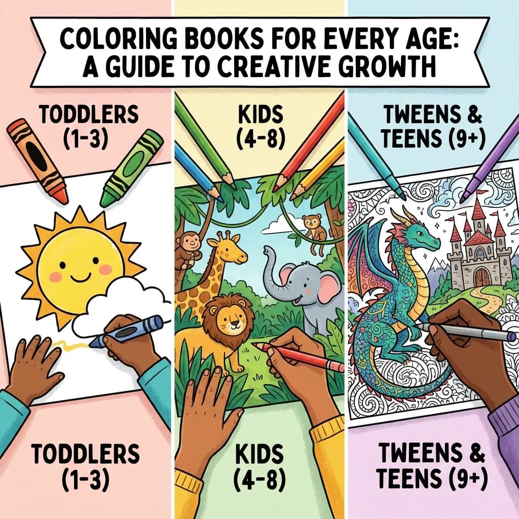 Age-appropriate coloring book design guide for kids ages 2-12 showing complexity levels for KDP publishing