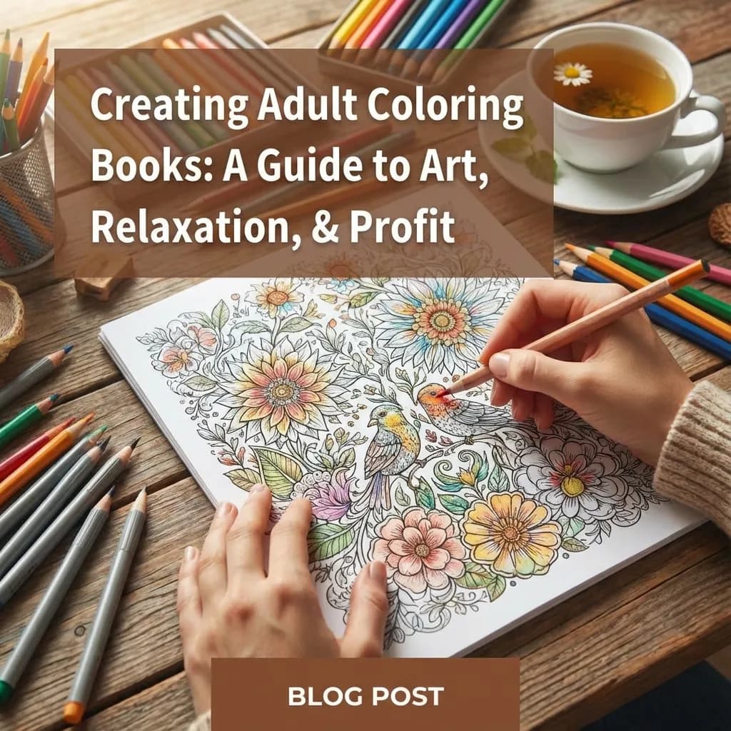 Adult coloring book creation guide for Amazon KDP showing design techniques and publishing strategies
