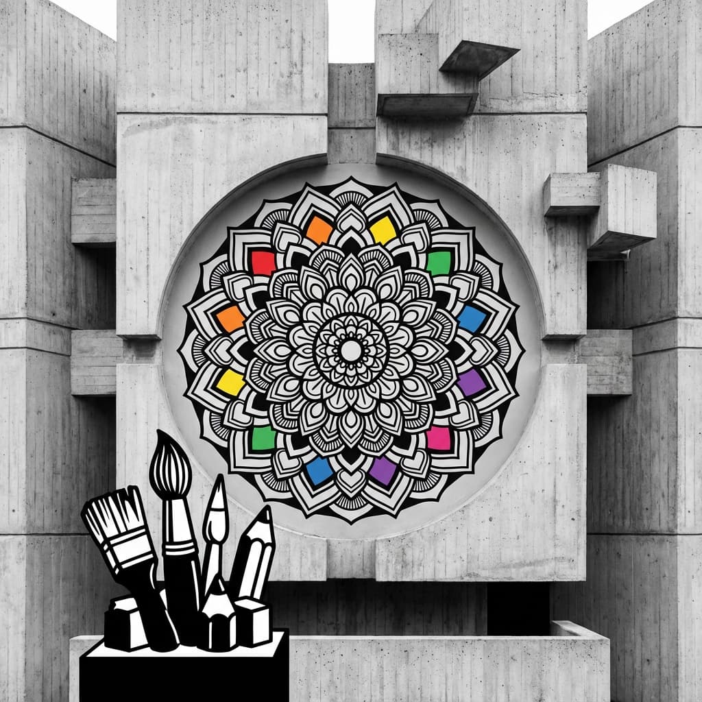 Guide to creating adult coloring books showing mandala designs and pencils