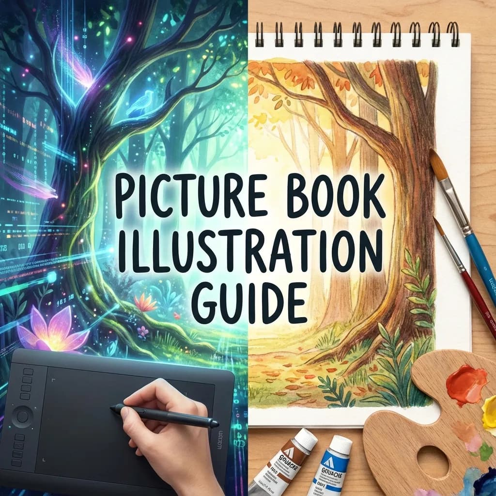 Book illustration guide for Amazon KDP showing AI tools, freelancer platforms, and illustration techniques