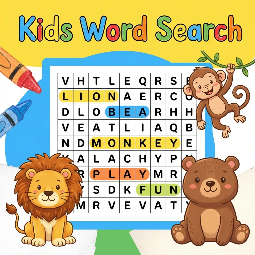 Kids word search puzzle books guide for Amazon KDP showing age-appropriate educational puzzle design