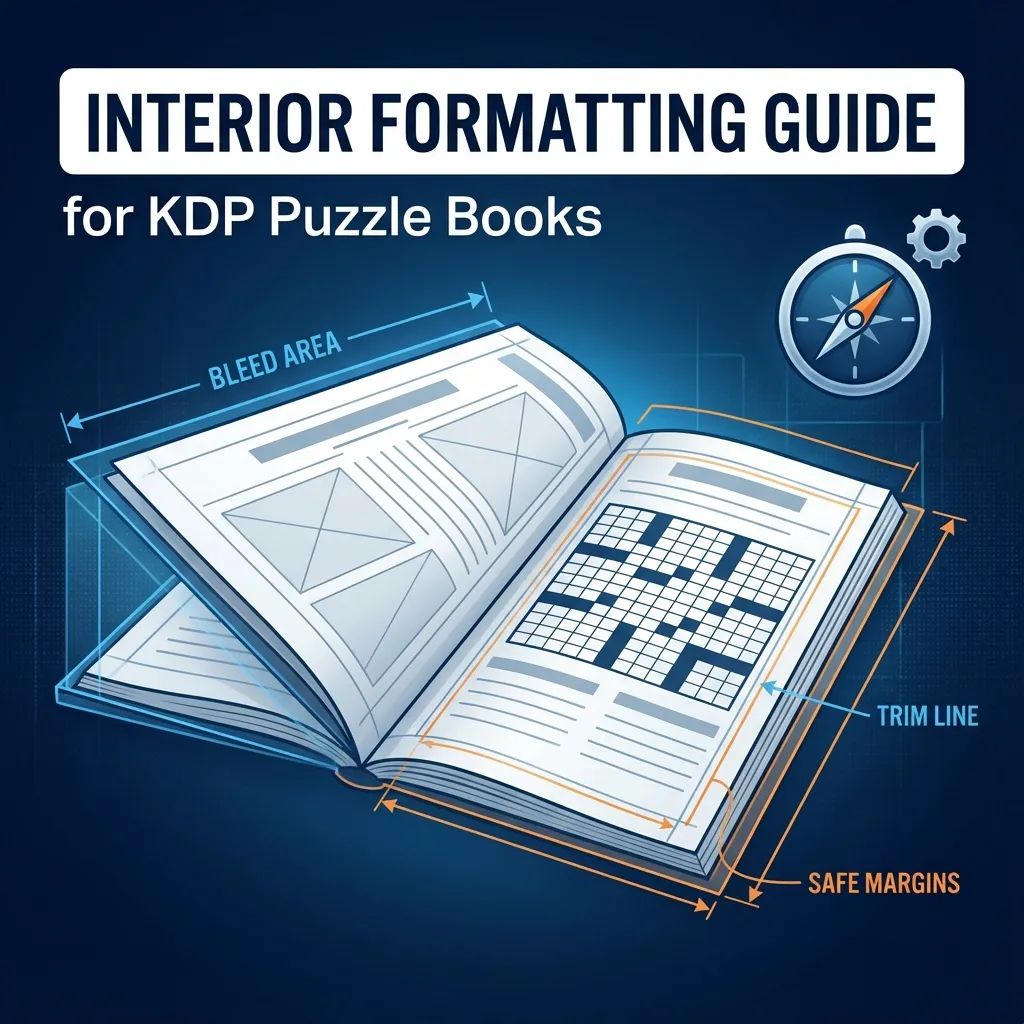 Puzzle book interior formatting guide for Amazon KDP showing page layout and printing specifications