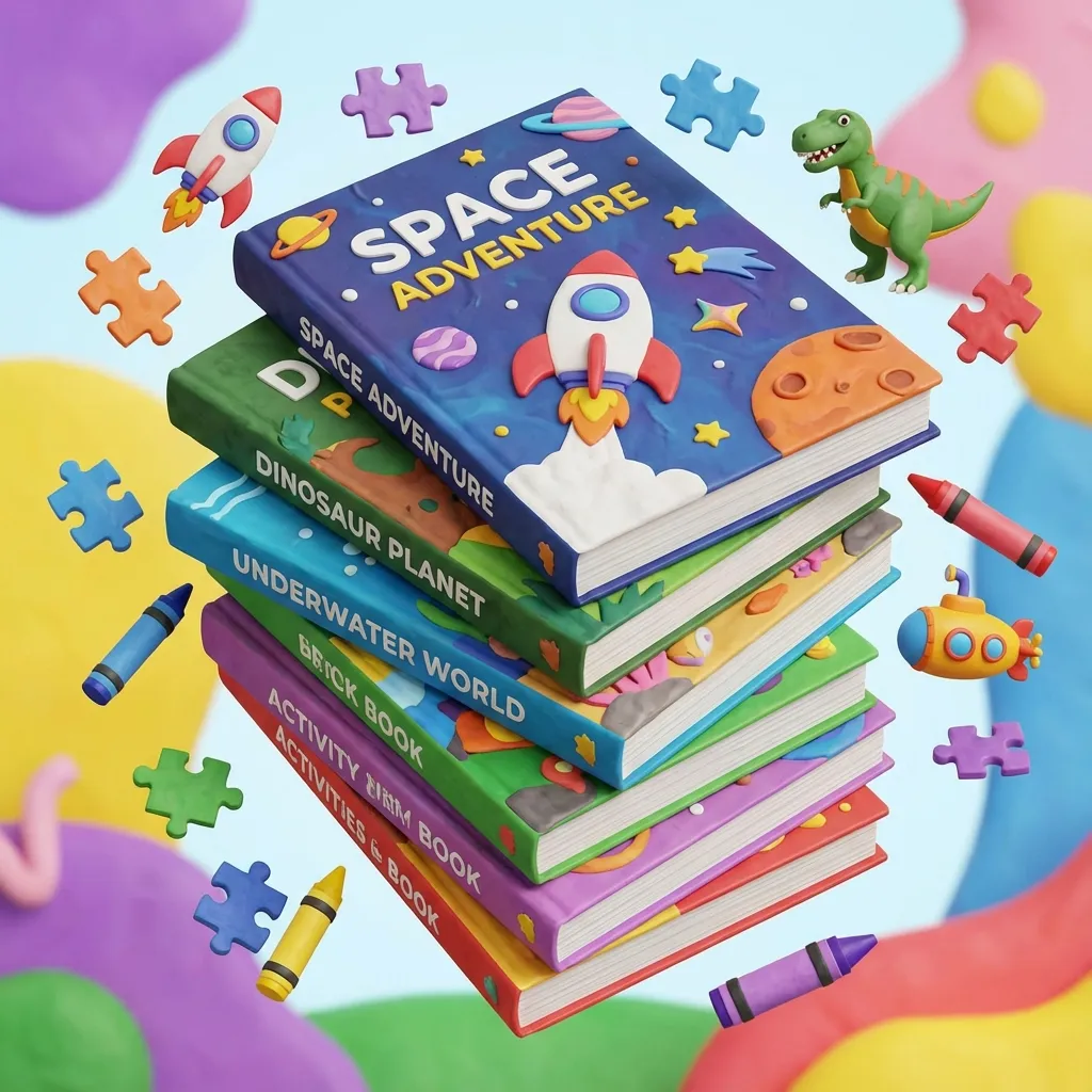 Themed activity book guide for Amazon KDP showing niche topics like dinosaurs, unicorns, and space