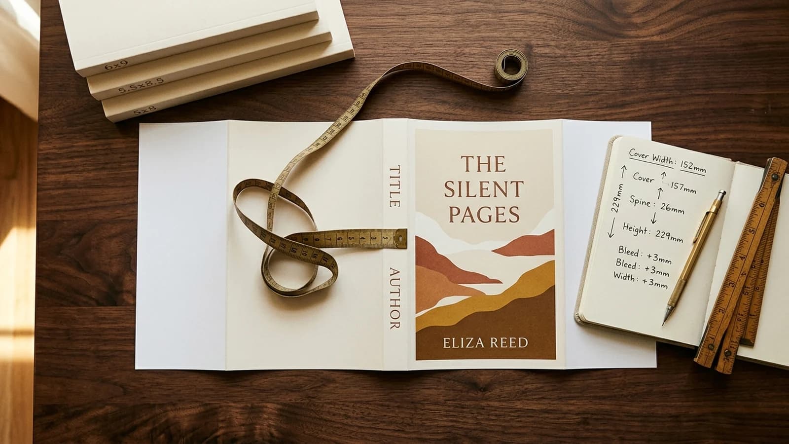 Editorial overhead flat-lay of a publishing pre-flight setup with a printed wraparound book cover, tape measure across the spine, and paperback proofs