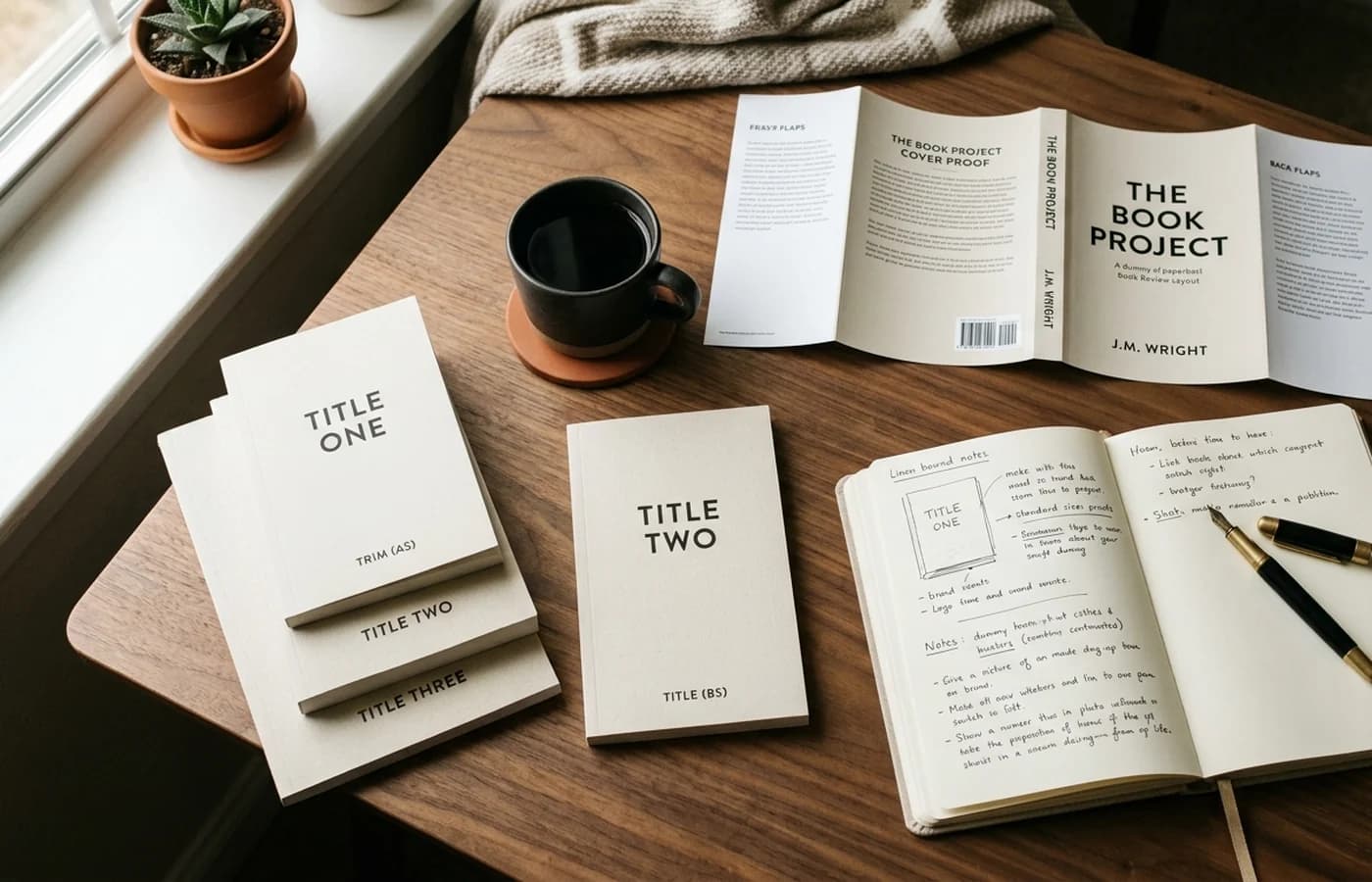 Overhead photograph of a pre-publication review with coffee, paperback proofs, an open notebook, and a printed cover proof laid flat