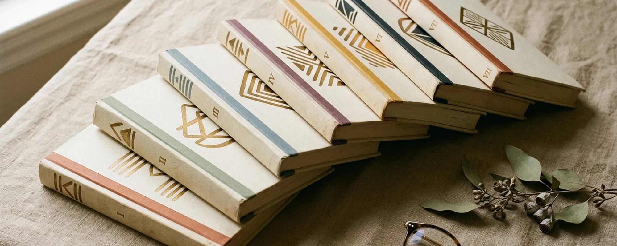 Seven hardcover novels in a matching series fanned across a linen tablecloth, each cover sharing the same brass motif with a different muted accent color