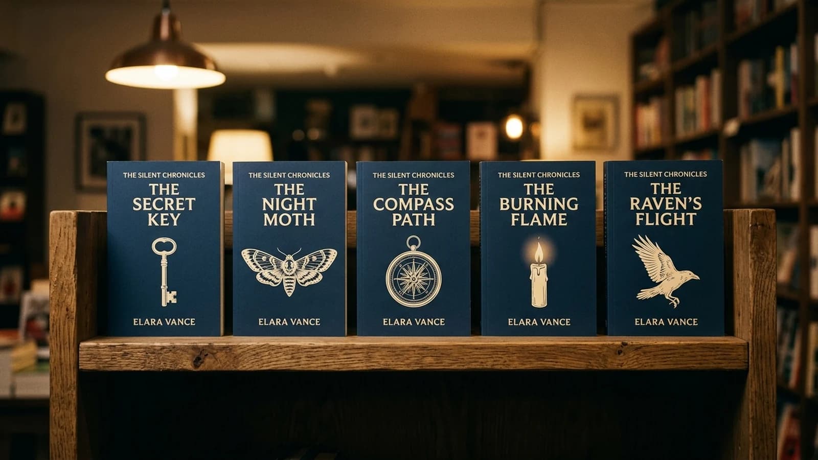 Five matching paperback novels on a bookshop shelf, each with the same ink-blue background and condensed sans-serif title block but a different illustrated motif: key, moth, compass, candle, raven