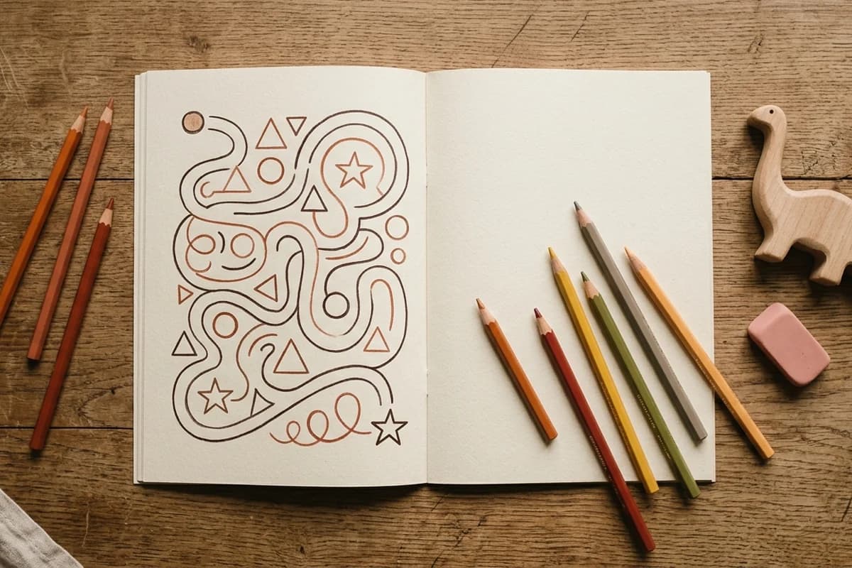 Open kids activity book with a hand-drawn maze on cream paper surrounded by warm autumn colored pencils, a wooden toy dinosaur, and a soft eraser