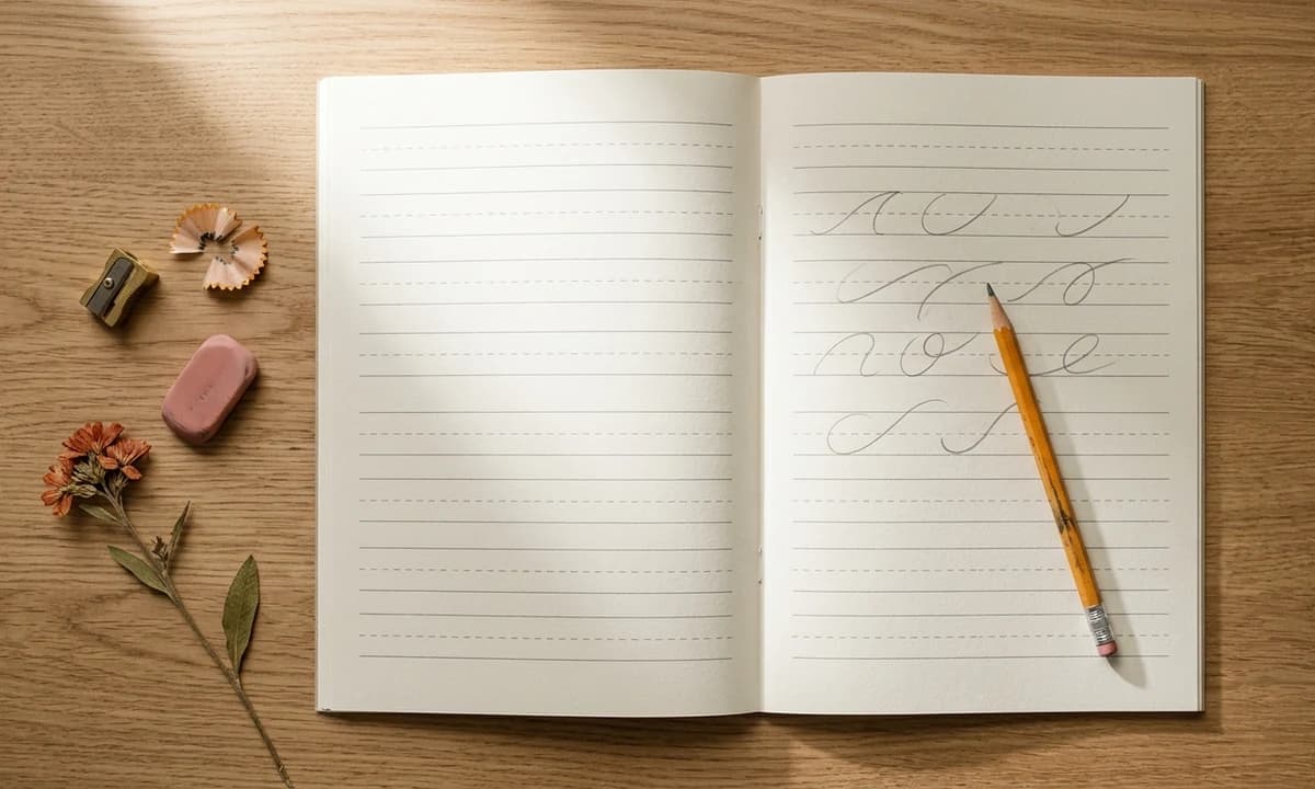 Open handwriting practice workbook on a warm oak desk with three-line guides, a sharpened pencil, and a soft natural shadow