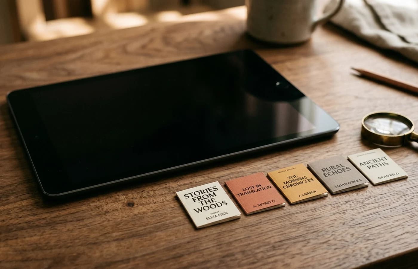 Macro photograph of a tablet on a wooden desk with small printed thumbnails of book covers arranged around it, demonstrating thumbnail-scale legibility