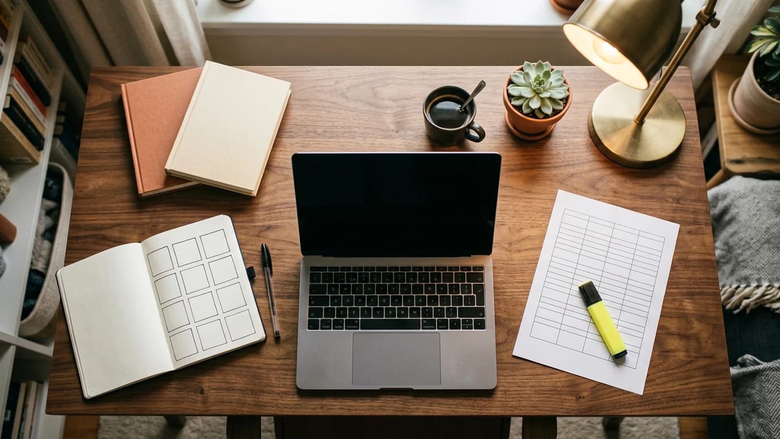 Editorial overhead view of a KDP keyword research workspace with laptop, notebook, paperback mockups and a brass desk lamp