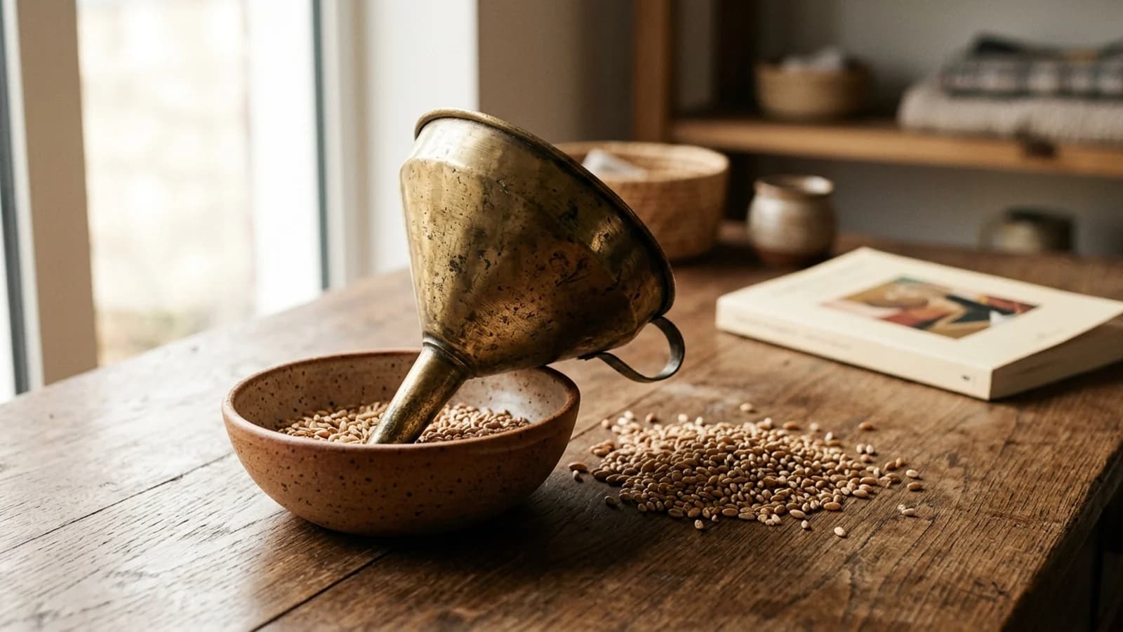 A brass funnel filtering wheat grains into a ceramic bowl on a wooden desk, representing the long-tail keyword funnel
