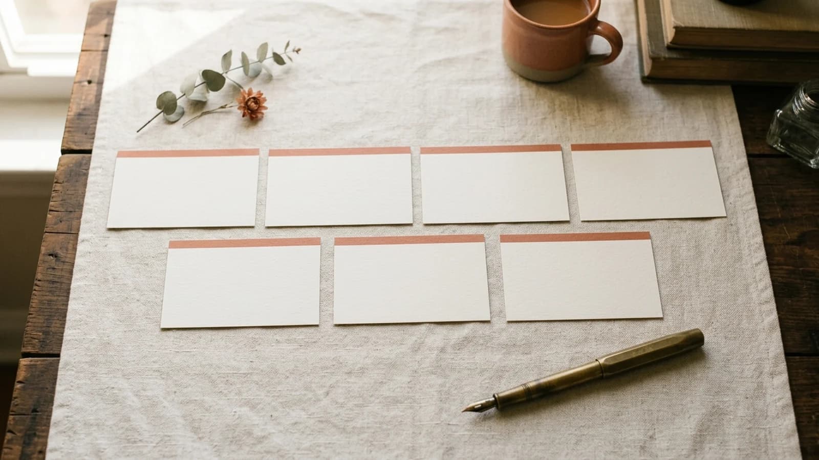 Seven blank index cards arranged in two rows on a cream linen background, representing the seven KDP keyword slots