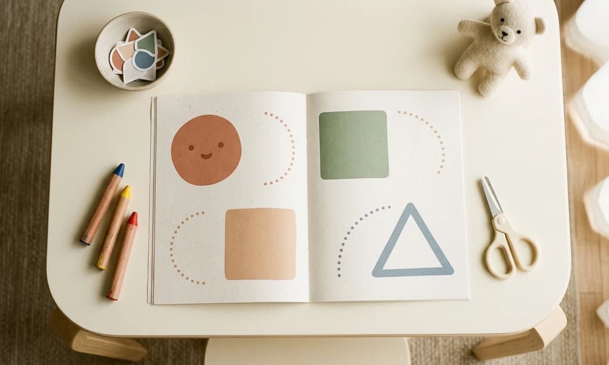Open preschool workbook on a small cream kid-sized table surrounded by chunky wooden crayons, safety scissors, and a soft teddy bear