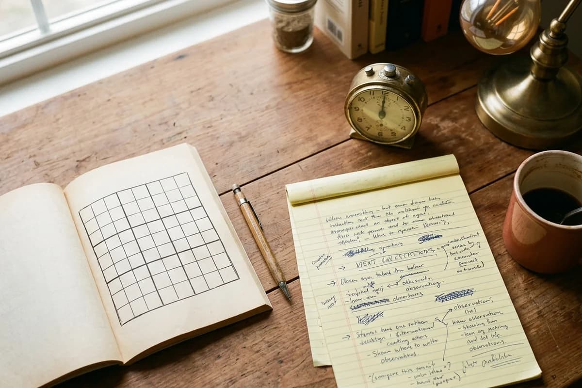 Author desk close-up with an open paperback puzzle book, yellow legal pad, brass desk lamp, vintage timer, and coffee cup