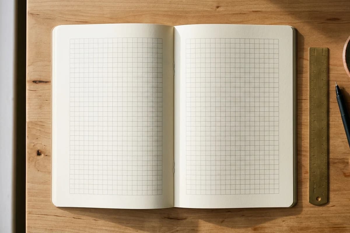 Open paperback book on a cream desk showing a clean two-page spread with metal ruler, fine-tip pen and paperclip dish