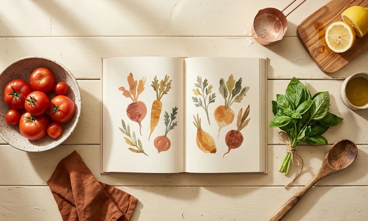 Overhead flat lay of an open cookbook on a warm cream kitchen table surrounded by tomatoes, basil, a wooden spoon and a copper measuring cup