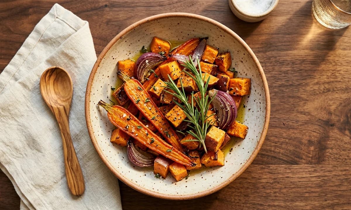 Close-up overhead photograph of a styled hero dish of roasted vegetables in a rustic ceramic bowl on warm walnut wood
