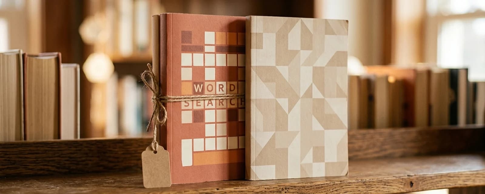 Two warm-colored word search paperback books standing on a wooden shelf with soft light and a kraft price tag