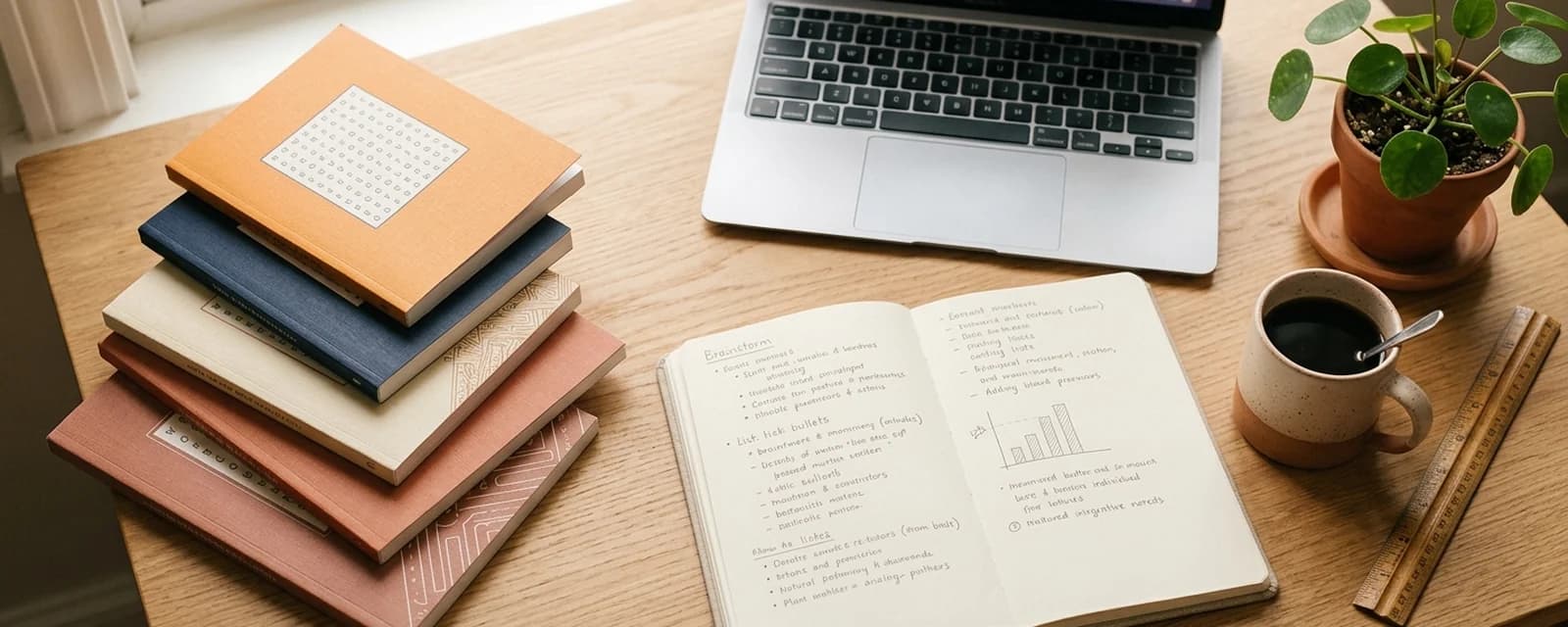 Publisher planning desk with a stack of warm-colored word search puzzle books, a notebook of marketing brainstorms, and a laptop