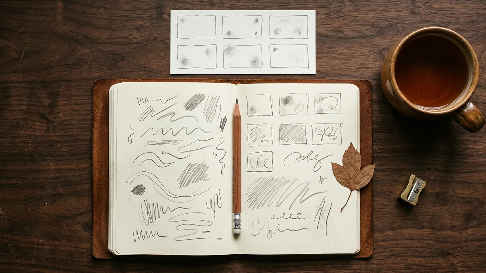 Editorial overhead still life of an open writer's notebook with abstract pencil sketches, a wooden pencil, a small storyboard grid, and a ceramic mug of tea in warm window light