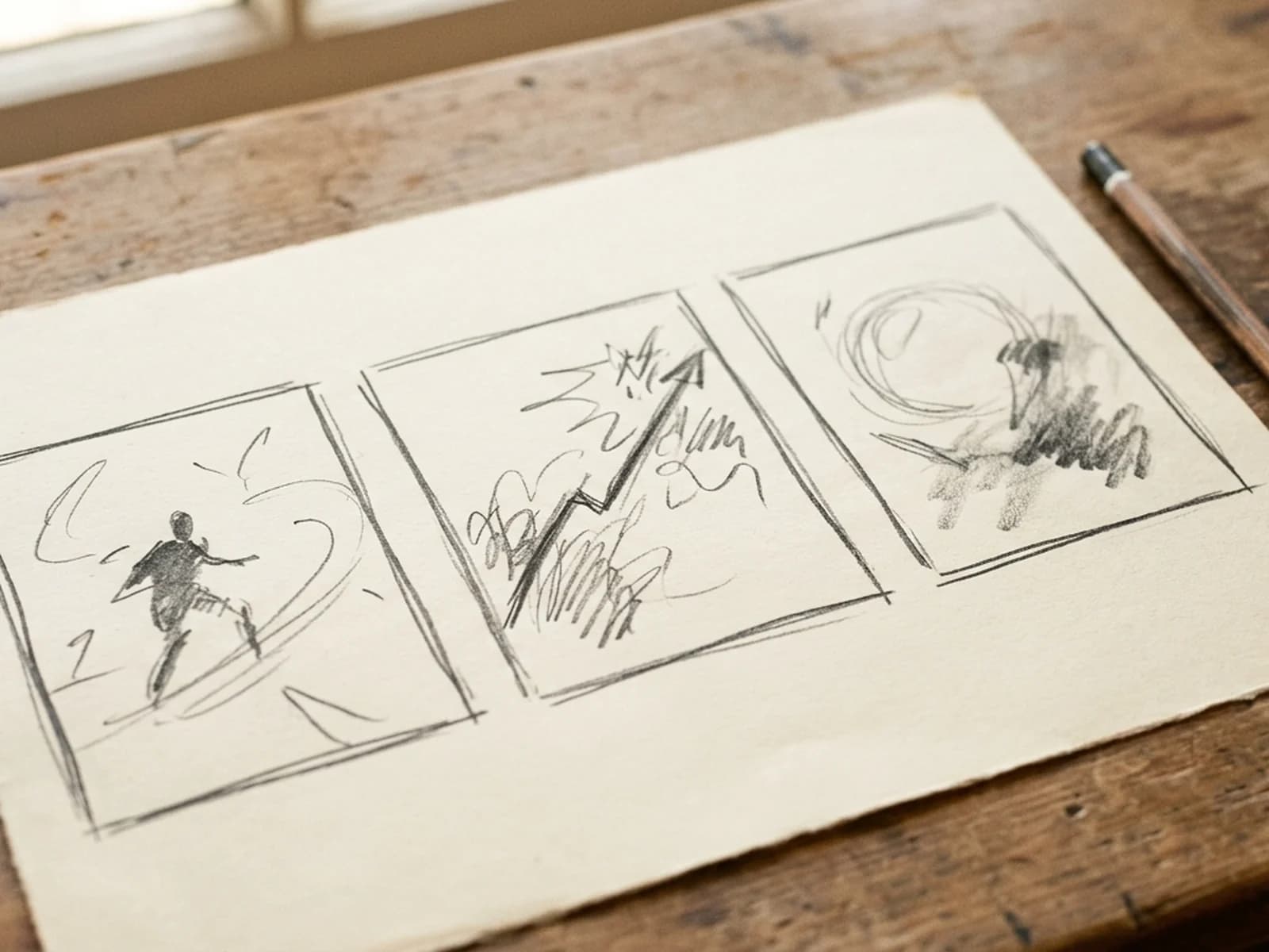 Close-up of a hand-drawn three-act storyboard on cream paper with three pencil rectangles showing abstract sketch marks of a character, a rising line, and a circular shape