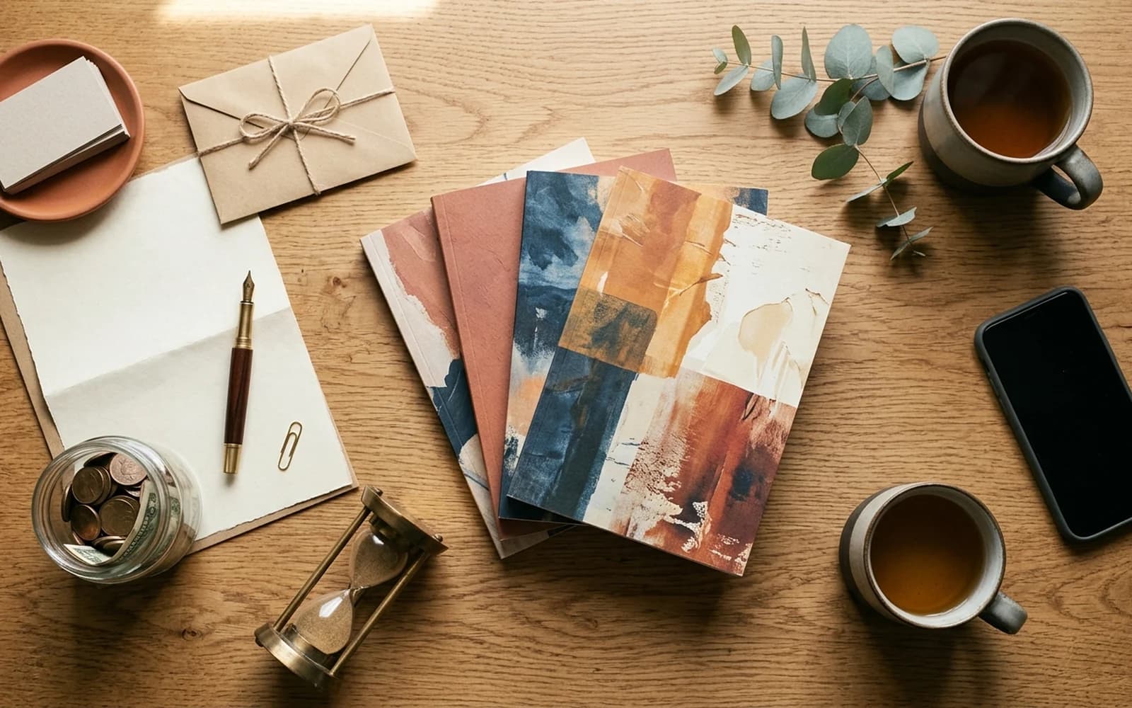 Editorial flat lay showing several abstract book cover designs fanned across an oak desk beside a printed brief, fountain pen, jar of coins and tilted hourglass, with a smartphone face down at the edge to suggest a faster alternative path.