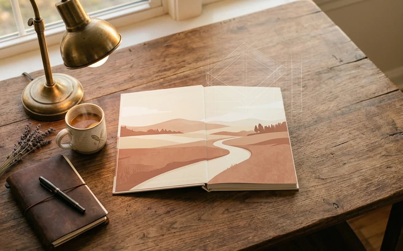 Print-ready KDP book cover laid open on a warm wood desk beside a brass lamp, ceramic mug, and leather notebook, with a subtle AI generation wireframe overlay.