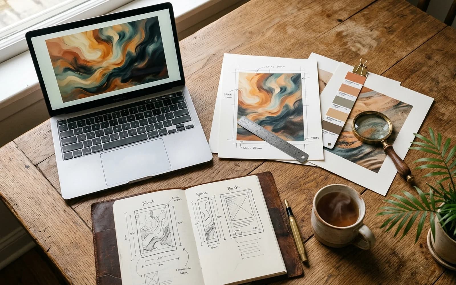Editorial overhead still life: a laptop displaying a painterly AI generated illustration next to printed cover proofs marked with a ruler, color swatch and magnifying glass, with a notebook open to a hand drawn book cover layout for front, spine and back panels.