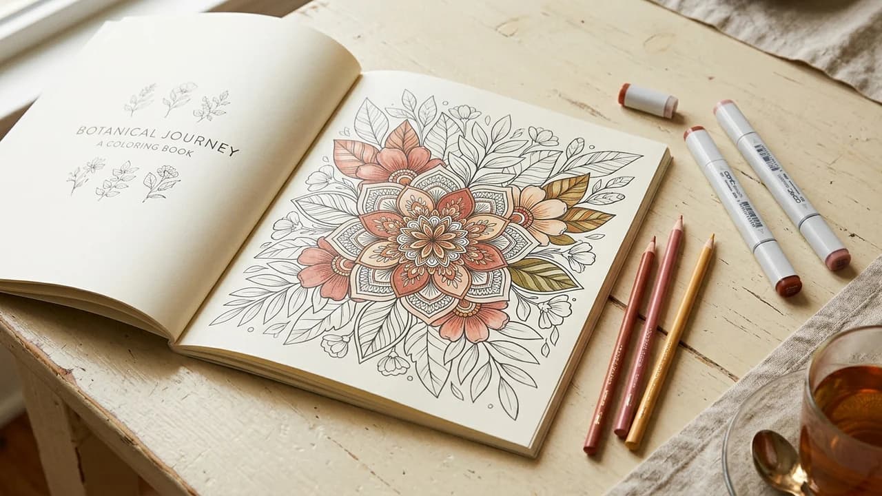 Open coloring book in progress with warm pencils and markers on a cream tabletop