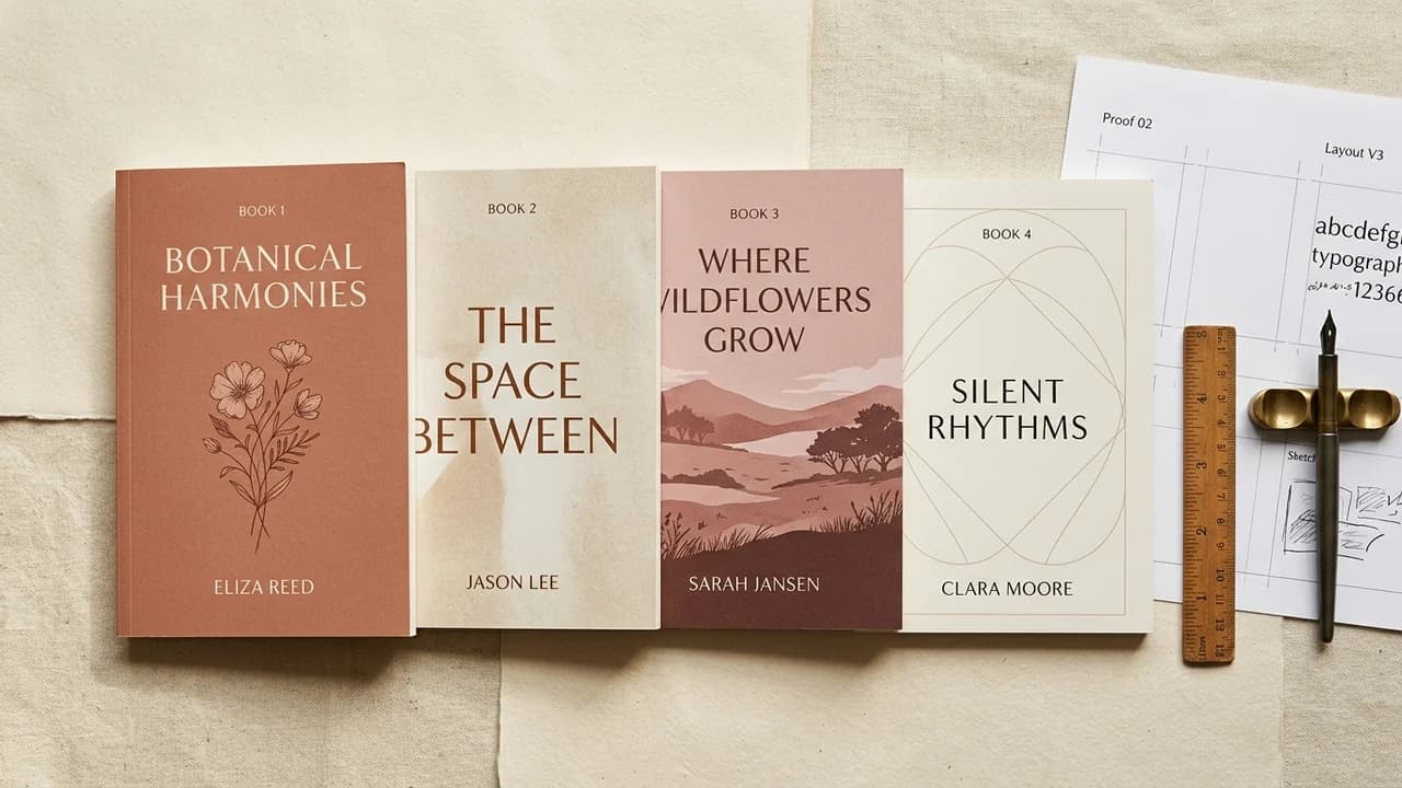 Flat lay of three self-published paperback covers in warm editorial tones with design tools