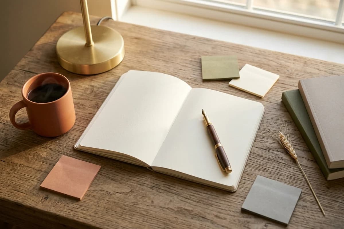 A warm desk with an open notebook and sticky notes, evoking a self-publisher working through KDP questions
