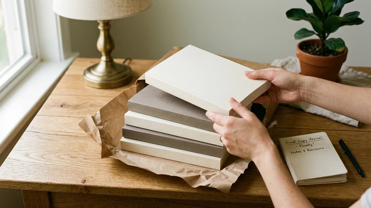 Stack of blank paperback proof copies being unboxed on an oak desk