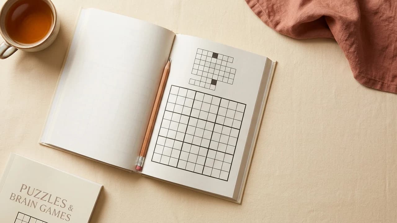 Open puzzle book on a warm cream desk with a wooden pencil resting across a printed grid
