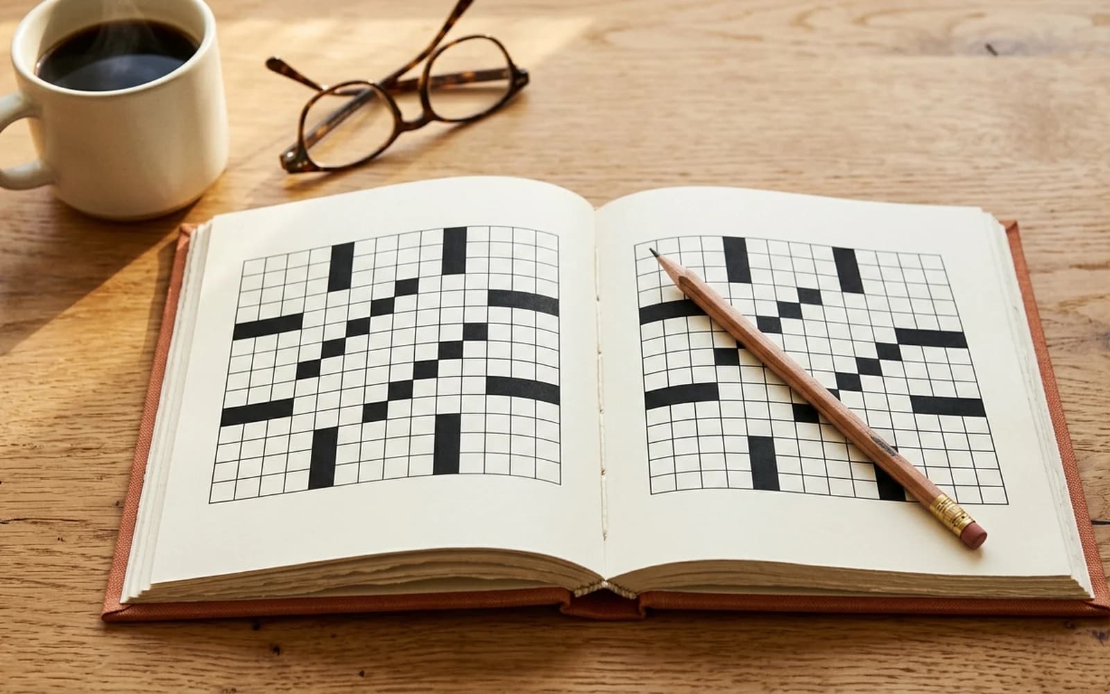 Open crossword puzzle book on a warm wooden desk with a sharpened pencil, coffee, and reading glasses