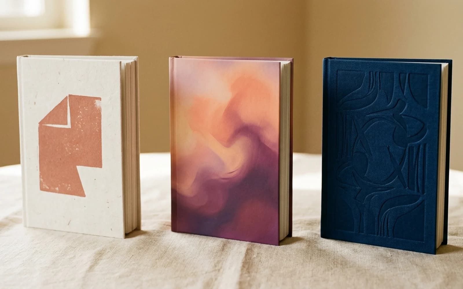 Three book covers side by side representing the DIY, AI generator, and professional designer paths