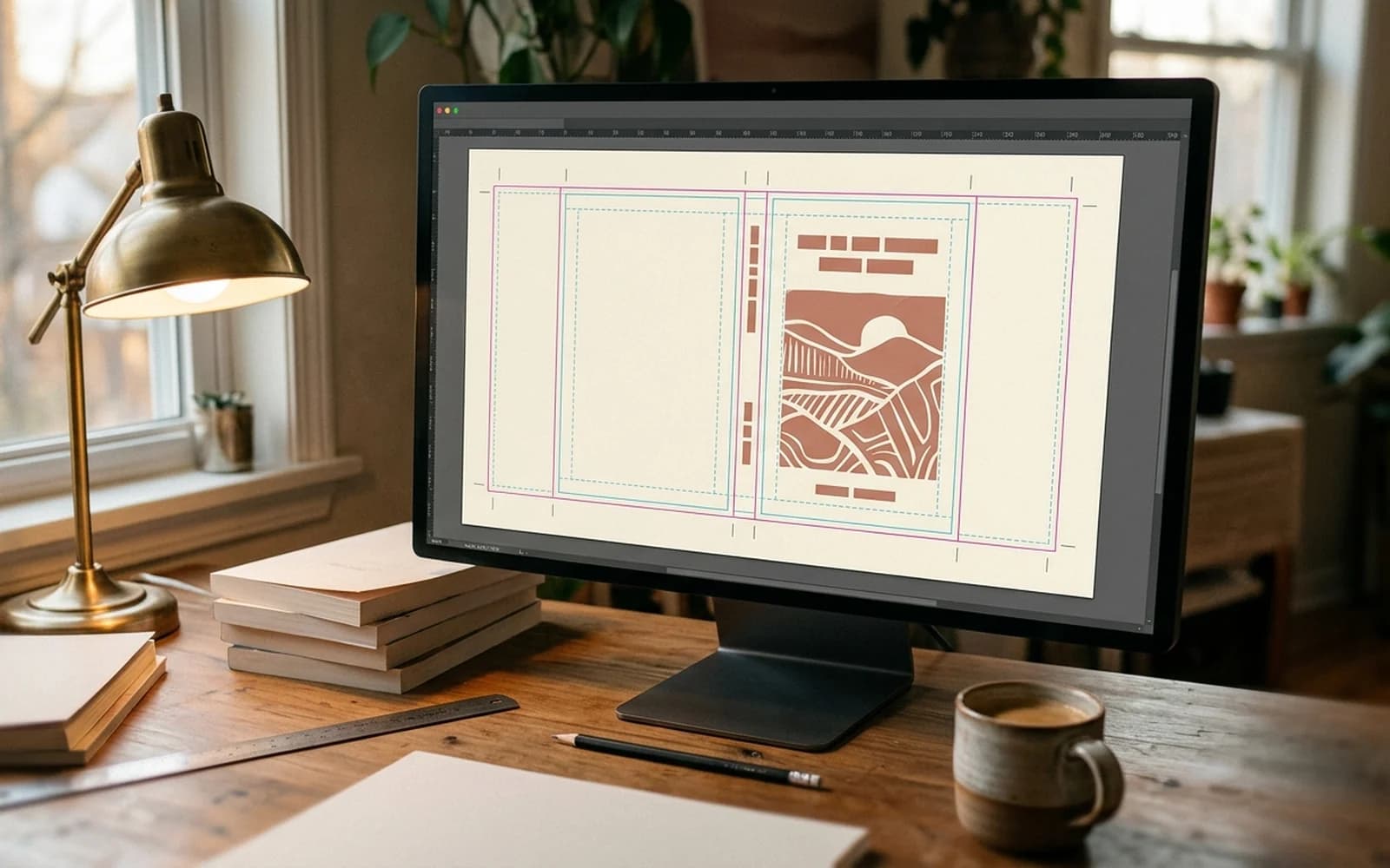 KDP paperback cover template displayed on a designer's monitor with bleed and safe margin overlays, warm afternoon light