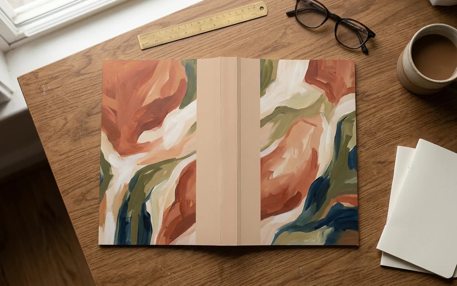 Unfolded paperback book cover laid flat on a warm wooden desk, showing the continuous back, spine, and front panels of a KDP full wrap layout