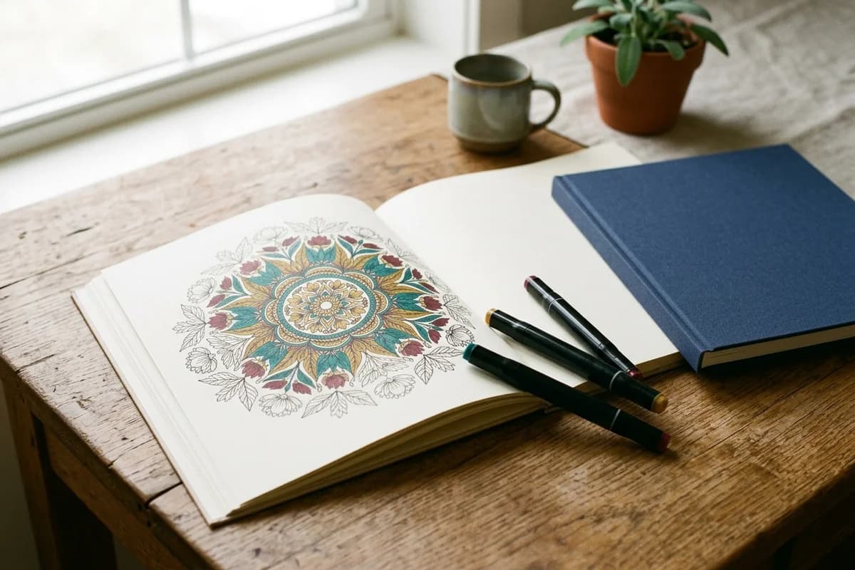 Adult Coloring Books - editorial photo of the typical product on KDP, used as reference for cover design