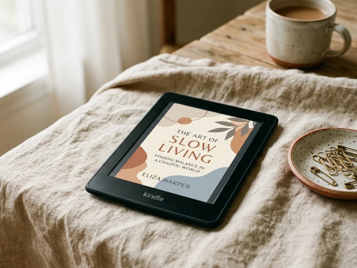 A Kindle device displaying a short non-fiction eBook cover on a warm linen tabletop.