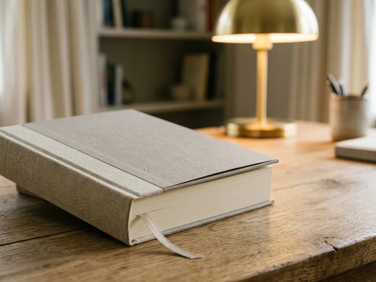 Premium 100-page hardcover gift book with cloth-wrapped spine on a desk beside a brass lamp.