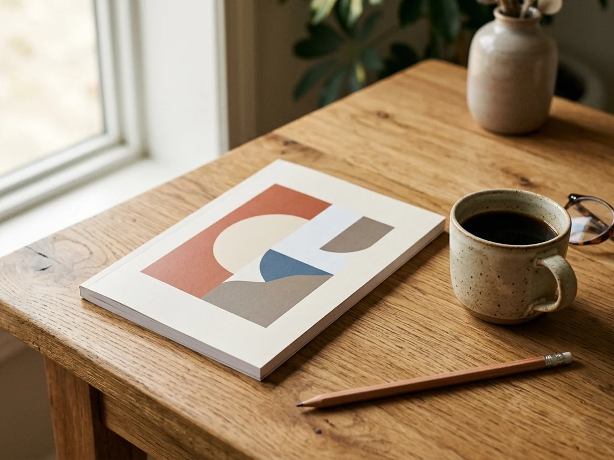 A 100-page paperback workbook open on a wooden desk with a coffee cup and reading glasses.