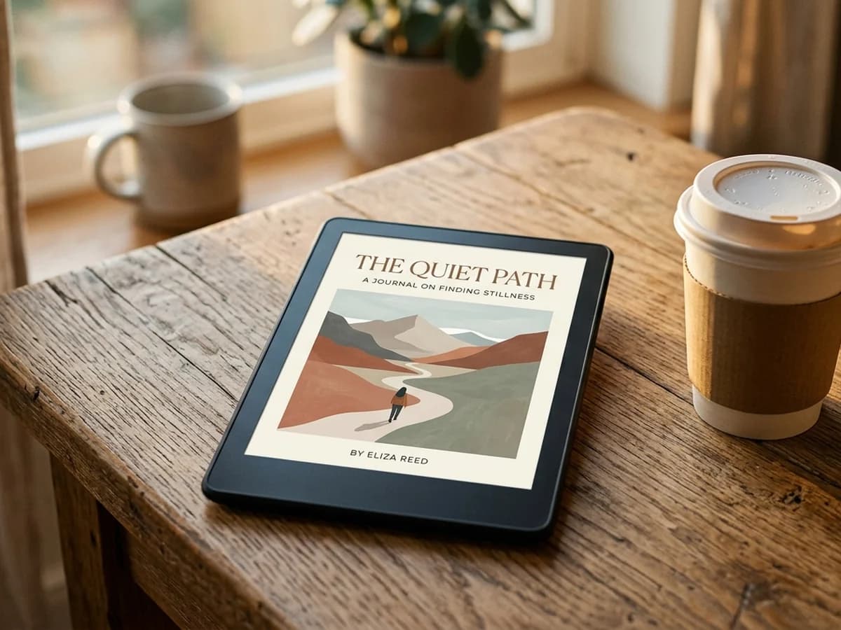 A Kindle device displaying a full-length non-fiction eBook beside a takeaway coffee.