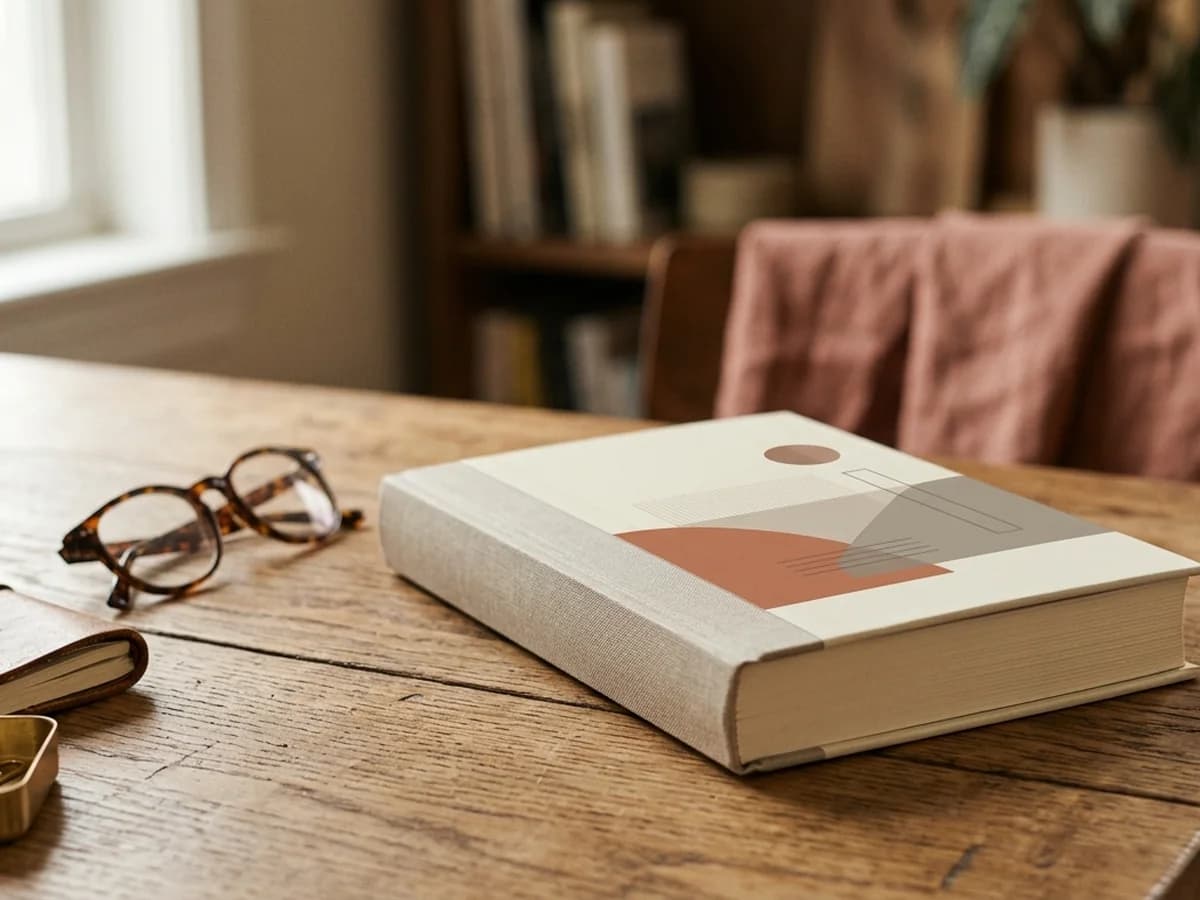 A 200-page hardcover business book displayed on a desk with reading glasses and a notebook.