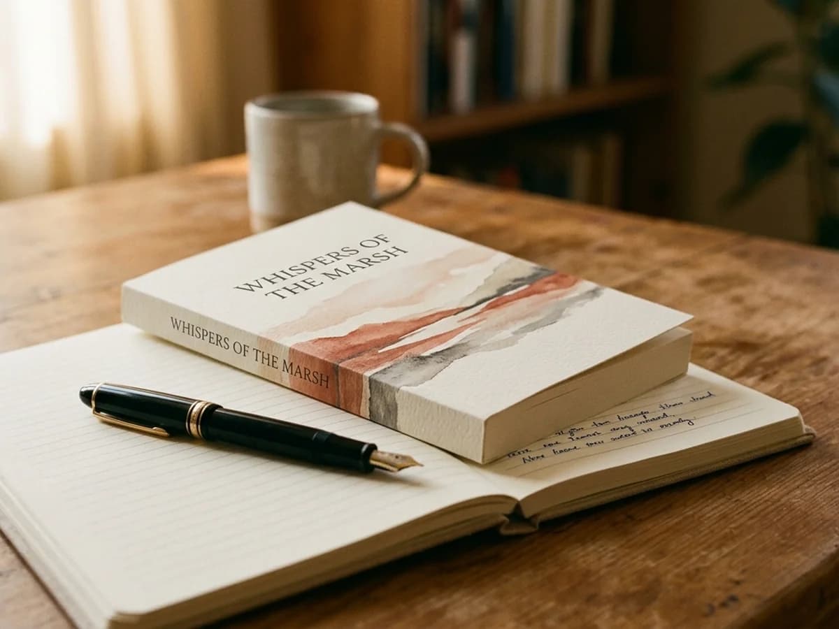 A 200-page paperback novella resting on an open notebook with a pen and warm afternoon light.