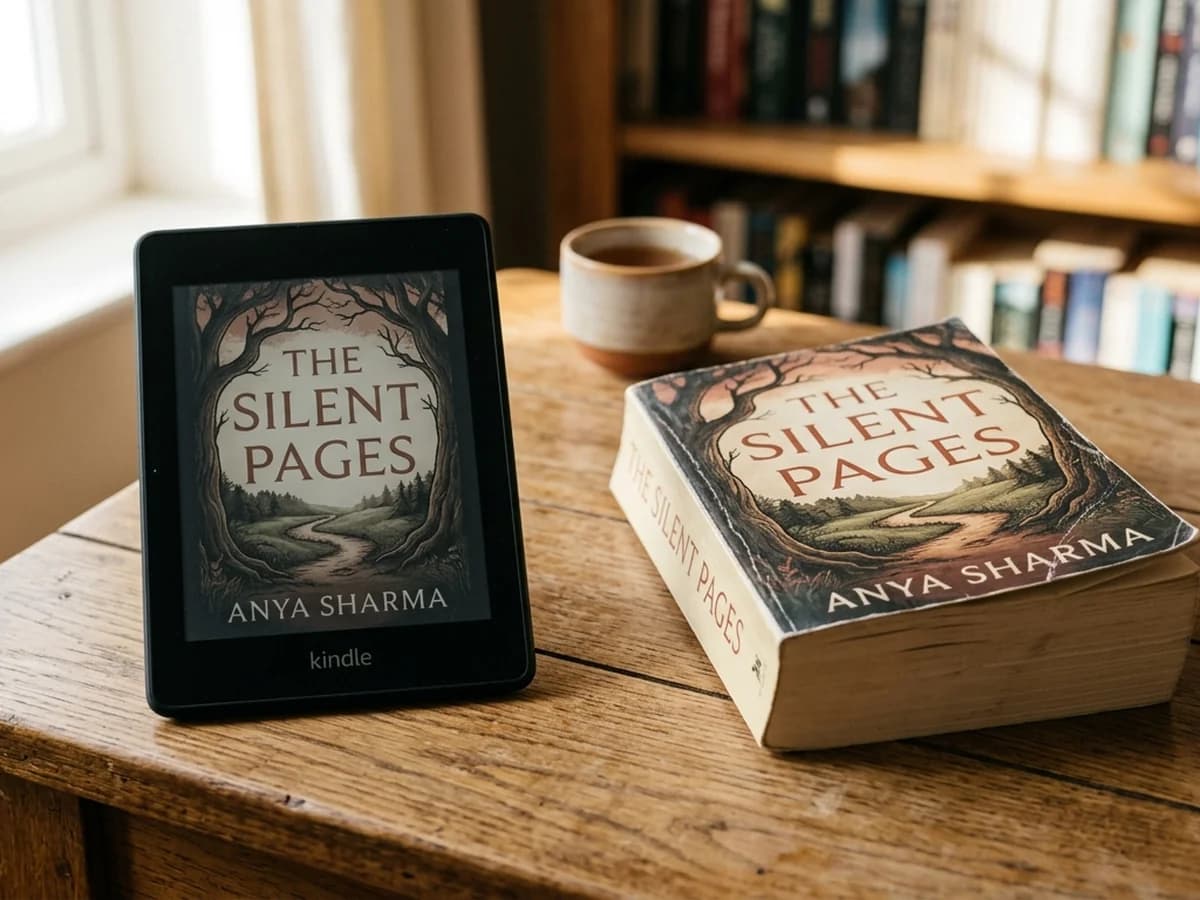 An e-reader showing a full novel cover beside a thick paperback edition on a wooden table.