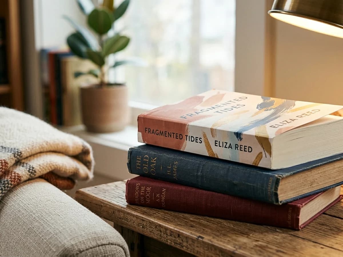A thick 300-page paperback novel resting on a stack of books in a cozy reading nook.