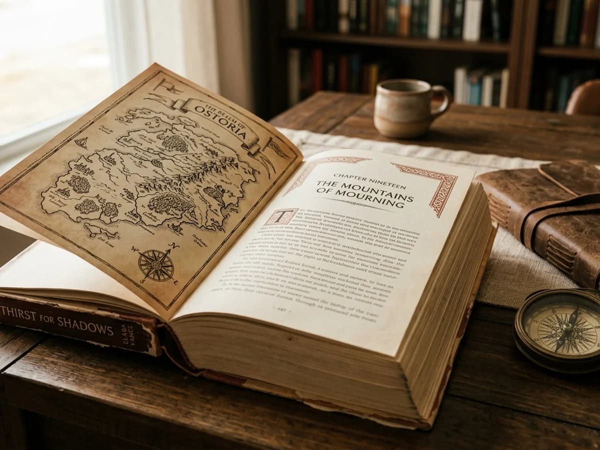 A thick 400-page epic fantasy paperback opened to a chapter heading with maps in the endpapers.