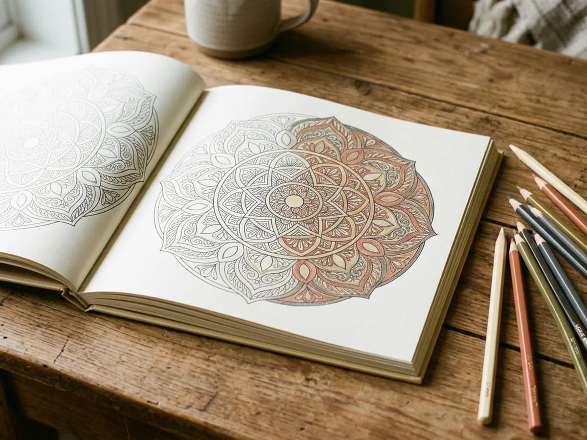 Open adult coloring book with intricate mandala patterns and a set of colored pencils on a wooden desk.