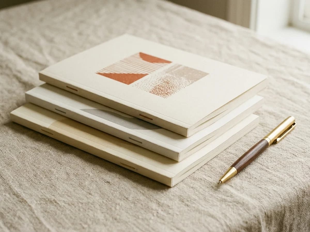 Stack of softcover journals and short workbooks photographed on a warm linen tabletop.